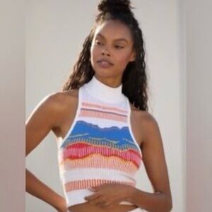 Anthropologie White Cropped Halter Top with Multicolor Wave Stripes